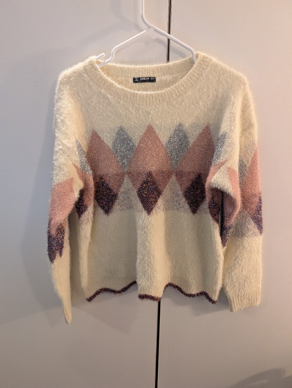 SHEIN Cream Argyle Fuzzy Crewneck Sweater with Pink & Gray Diamonds